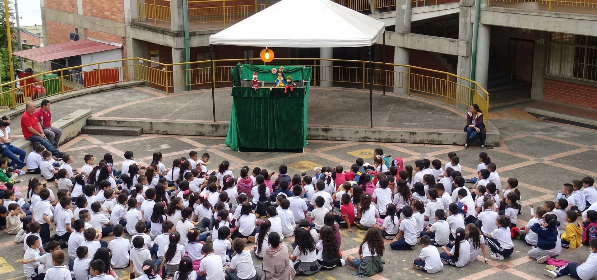 Función de títeres masiva en patio escolar - Logística y público Fundación Lucila Chica